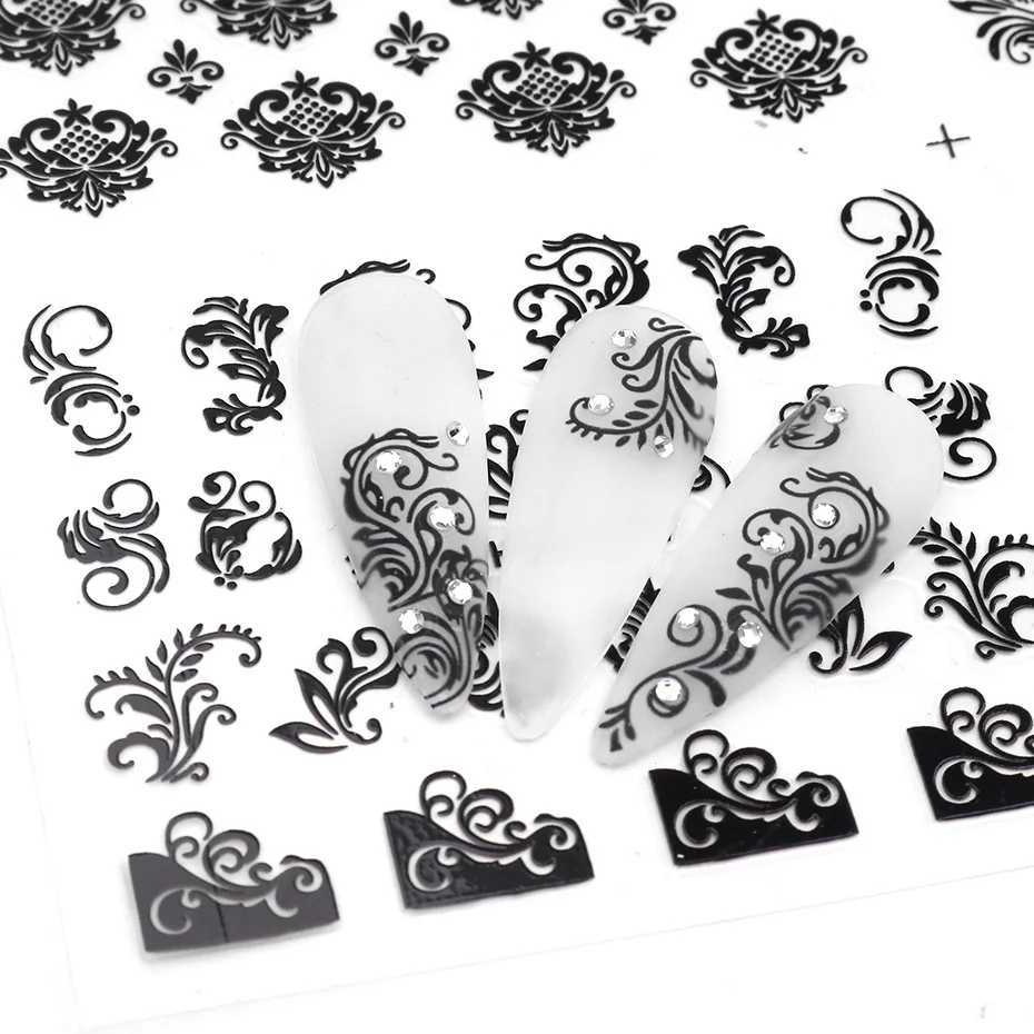 12PCS / Set Black Nail Stickers Flower Leaf Necklace 3D Sliders Decal Gel Polish Sticker DIY Design Manicure TipsXJ240814