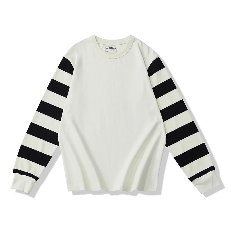 280G Heavyweight Dual Yarn Cotton Spring Fall Fashion Zebra Stripe T-shirt Mens Long Sleeve Casual Loose Tee Premium Basic Tops 240814
