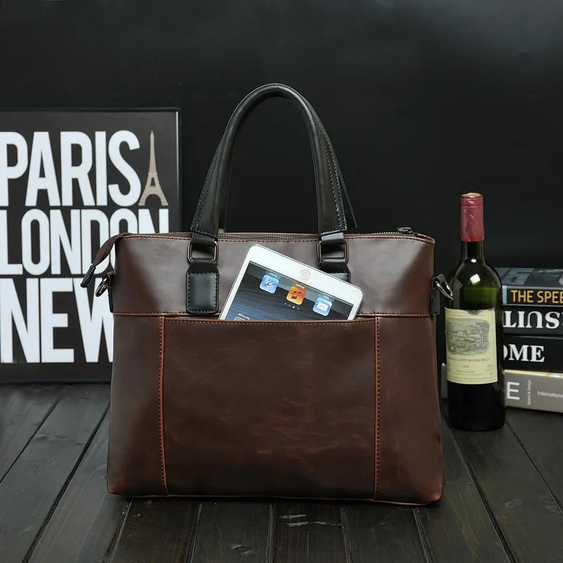 Vintage MenS Briefcase Crazy Horse PU Leather Executive Laptop Executive Handbag Tote Messenger Business Portfolio Side Bag 240813