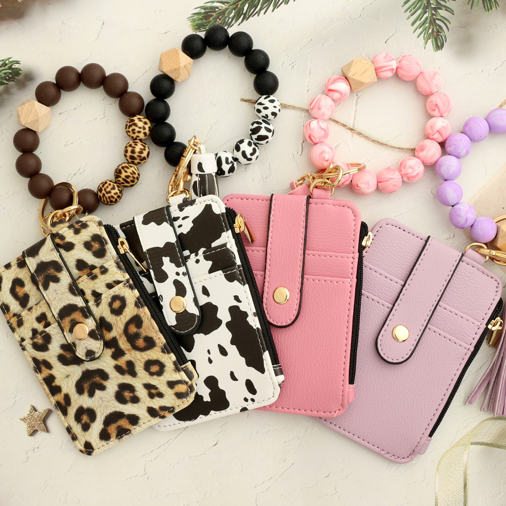 Fashion PU Leather Business ID Card Credit Holder With Silicone Beads Bracelet Keychain Lady Wallet Purse Card Holder Keychains Multifunctional Wallet
