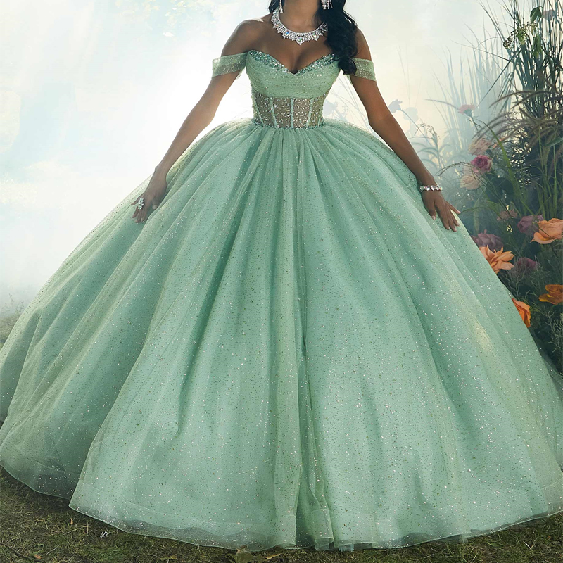 Mexican 2025 Mint Green Quinceanera Dress Sweet 15 16 Ball Gown Off The Shoulder Beaded Crystal Tull Vestidos De 15 Anos