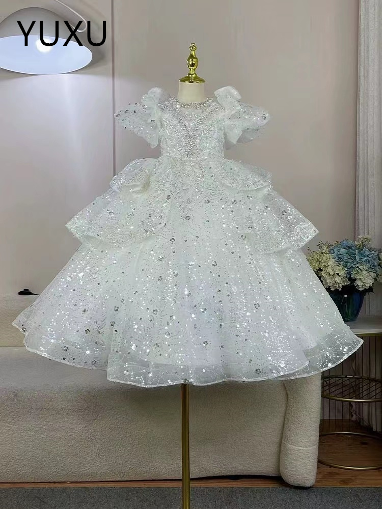 crystals Boho Ruffles Flower Girls Dresses For Weddings sequined blingbling Halter Kids Pageant Dress Floor Length Beach Birthday First holy Communion