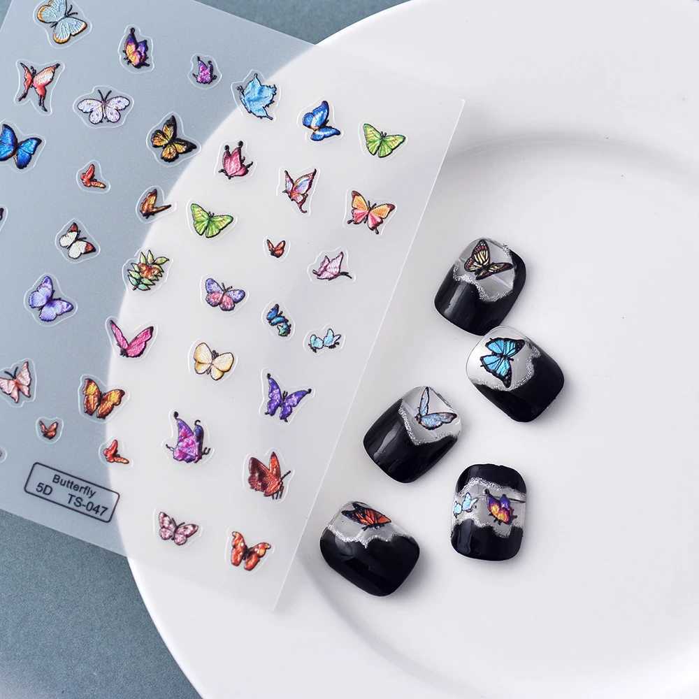 1PCS 5D Embossed Nail Supplies Blue Butterfly Nail Sticker Seasons Self-Adhesive Flower Nail Decor Decals DlY Press On NailsXJ240814