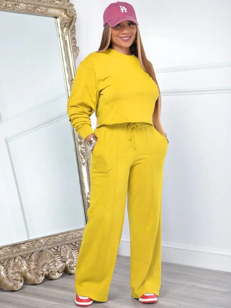 Solid Sport Fitness casual track and field clothing womens twopiece set long sleeved top drawstring sweatpants matching jogging 240809