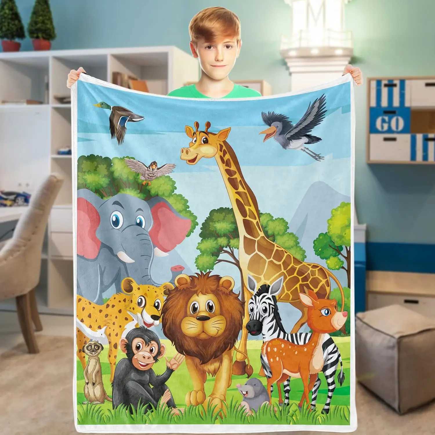 Jungle animal blanket jungle animal childrens wool blanket soft and comfortable flannel blanket giraffe elephant lion Y240815