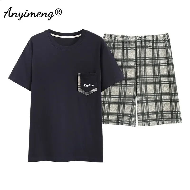 Mens L-5XL Summer Cotton Homesuit Fashion Elegant Plaid Pants Shorts Pajamas Set for Man Leisure Sleepwear Boys Pullover Pijamas 240814