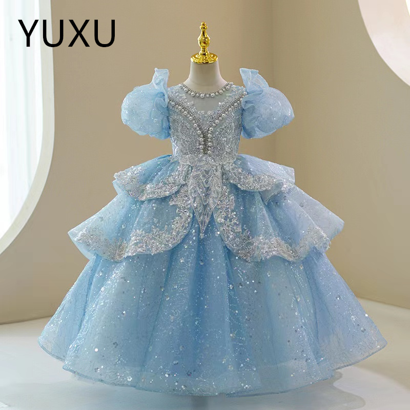 crystals Boho Ruffles Flower Girls Dresses For Weddings sequined blingbling Halter Kids Pageant Dress Floor Length Beach Birthday First holy Communion
