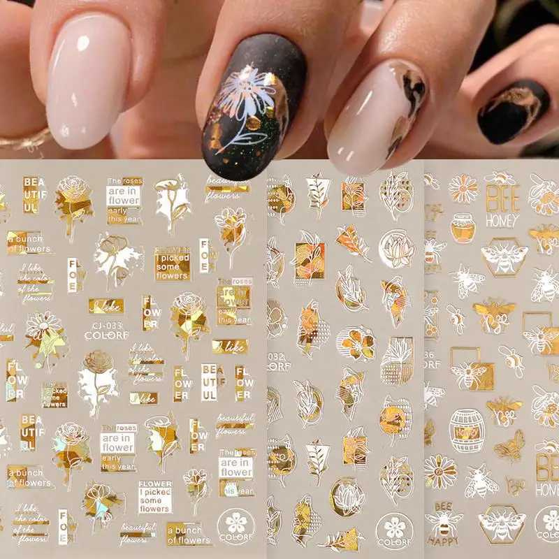 1PC 3D Nail Stickers White Gold Leaf Abstract Line Pattern Self-Adhesive Slider Nail Art Decorations Leaf Love Heart Nail DecalsXJ240814