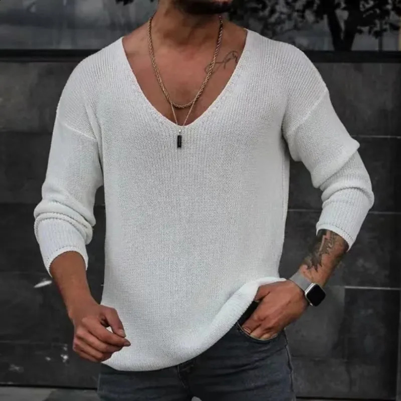 Men Spring V Neck Rib Bottoming T-shirts Pullover Autumn Long Sleeve Slim Fit Tees Tops Simple Casual Plain Thin Knit Shirt 240814