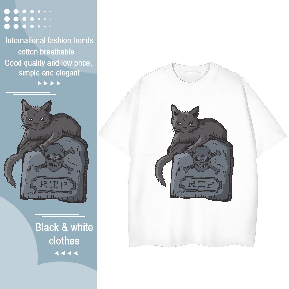 Unisex Mens T Shirts cat Crew Neck Breathable Street Casual Anime 230g Cotton Men Tops Tees 2024 Summer Tops Shirt