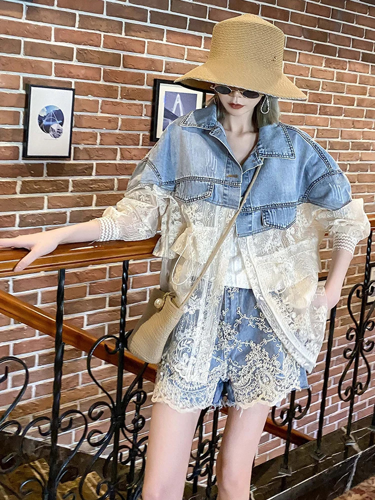 Denim Patchwork Jacket For Women In The Summer Sun Proof Thin European Fashion Trend Womens Denim Jacket Swimwear 240814