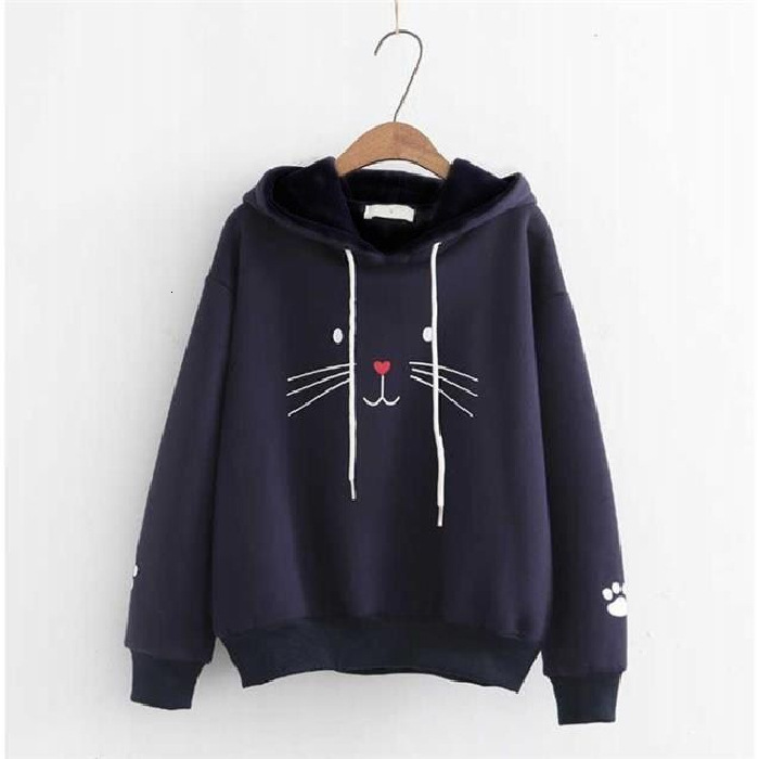 Embroidered face hooded sweatshirt women's autumn and winter student Korean version artistic cat long sleeved plush cute jacket 49463 12858