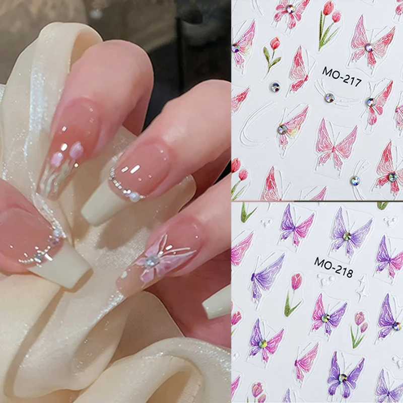 1Pcs Aurora Laser Butterfly Nail Stickers Pink Self Adhesive Cute Cherries Elegant Nail Decals Spring Summer Manicure SuppliesXJ240814