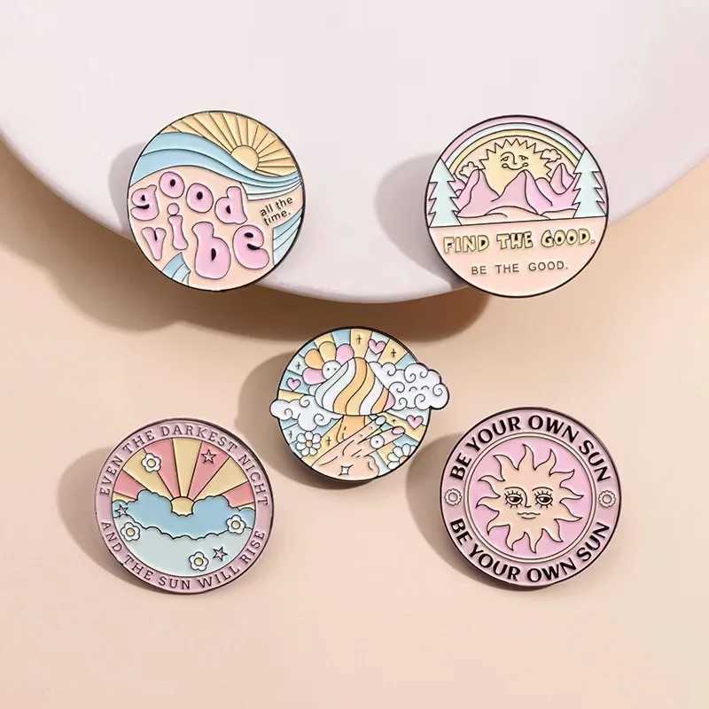 Cartoon circular landscape enamel badge sun mushroom mountain flower interesting English letters Alloy Brooch Versatile Jewelry W240815