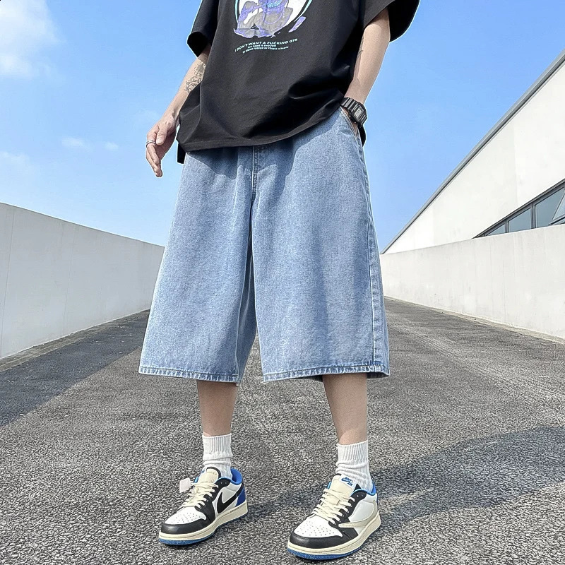 2024 Men Summer Fashion Baggy Denim Shorts Man Loose Wide Leg Jeans Male Streetwear Casual Kneelength Pants F23 240820
