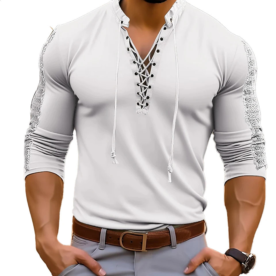 Mens Long Sleeve Lace Up Pullover T Shirt Casual V Neck Muscle Tops Blouse Adult Men Medieval Shirts Tops Chemise 240814
