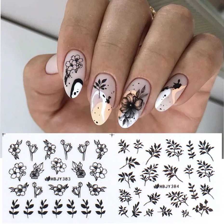 12PCS / Set Black Nail Stickers Flower Leaf Necklace 3D Sliders Decal Gel Polish Sticker DIY Design Manicure TipsXJ240814