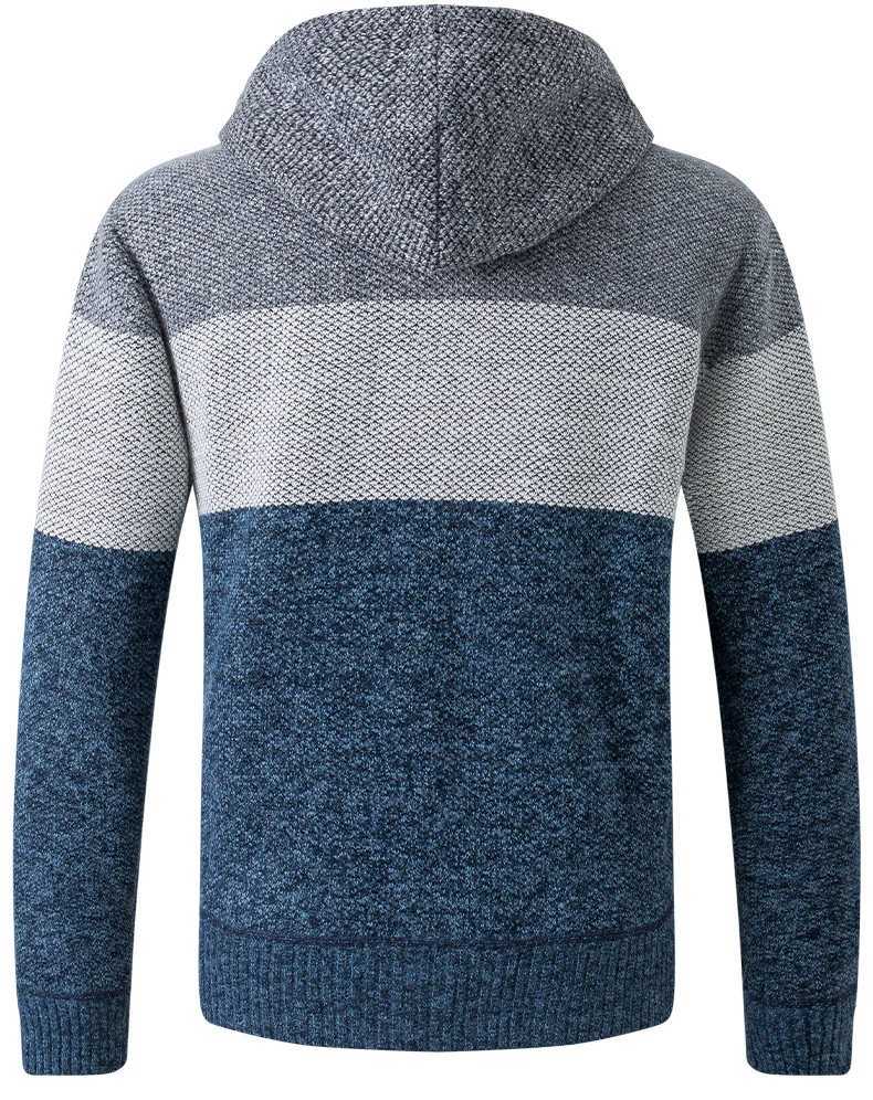 Plus velvet padded autumn and winter mens knitted cardigan sweater mens color matching hooded Korean sweaterXJ240814