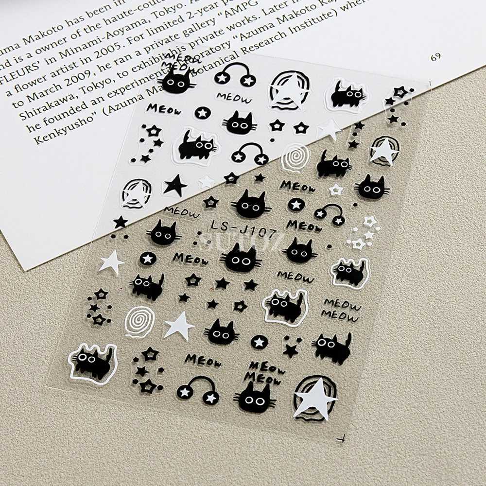 3D Black Cartoon Cute Cat Nail Stickers Cat Stars Letters Nail Sliders Y2K Korean Japanese Nail Art Manicure Decors NLLS-J107XJ240814