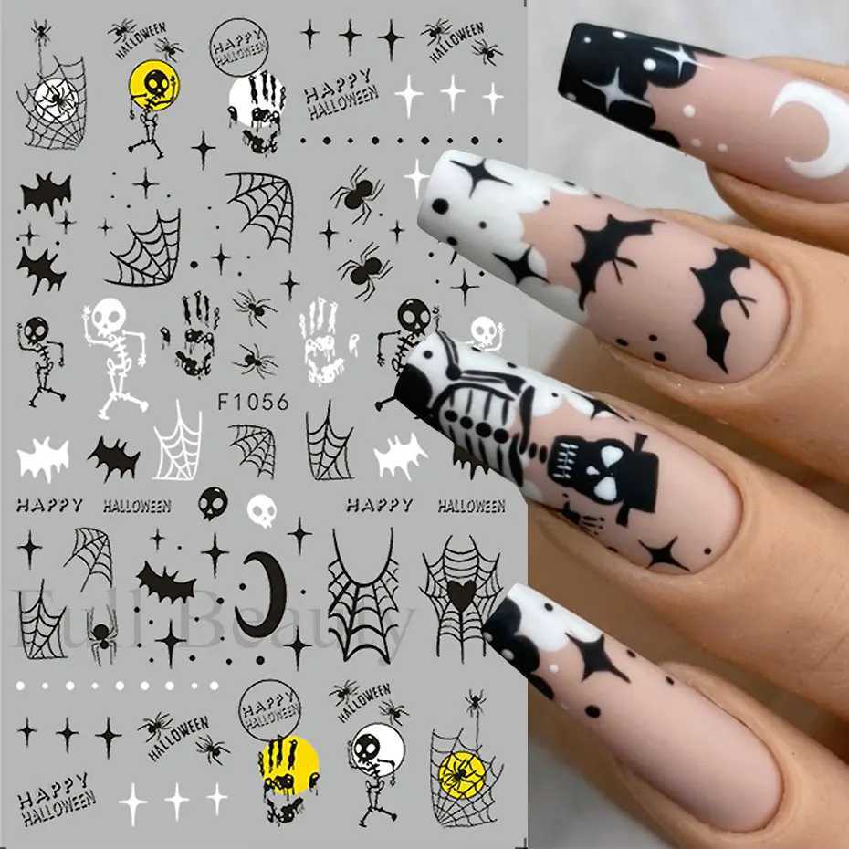 3D Halloween Skull Pumpkin Nail Art Stickers Black Cat Ghost Spider Web Design Nail Adhesive Decals Tattoo Decorations ManicureXJ240814