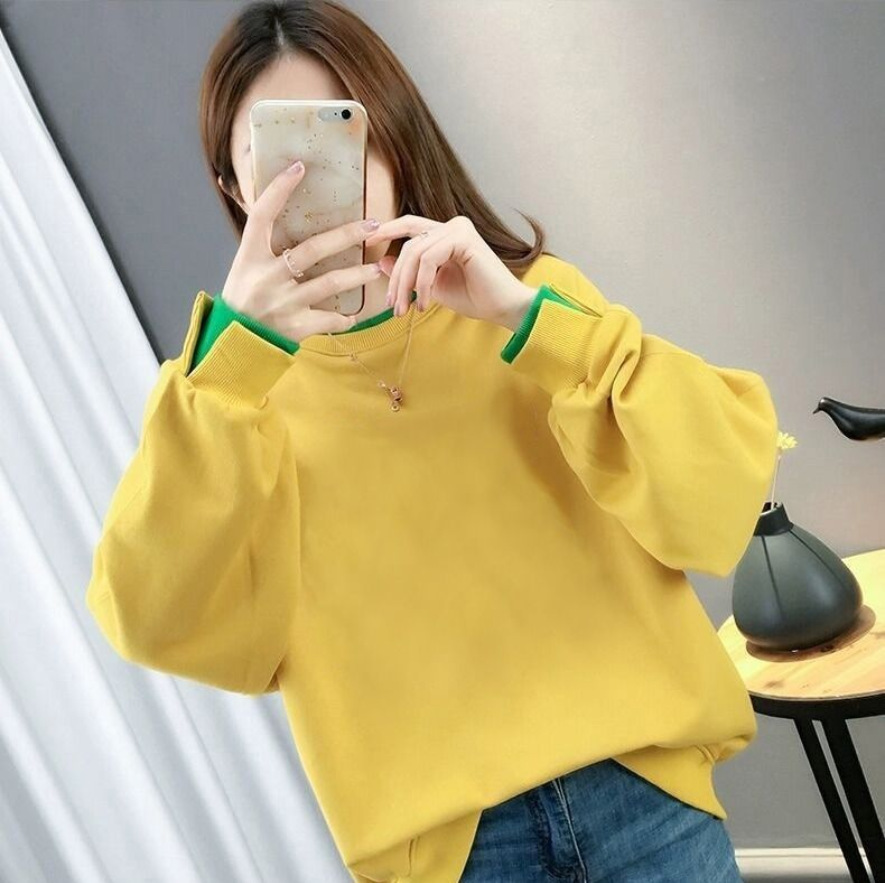 Cotton fake two-piece hoodie, plus size loose fitting pullover, Korean version student women's clothing, 2024 new spring and autumn solid color t