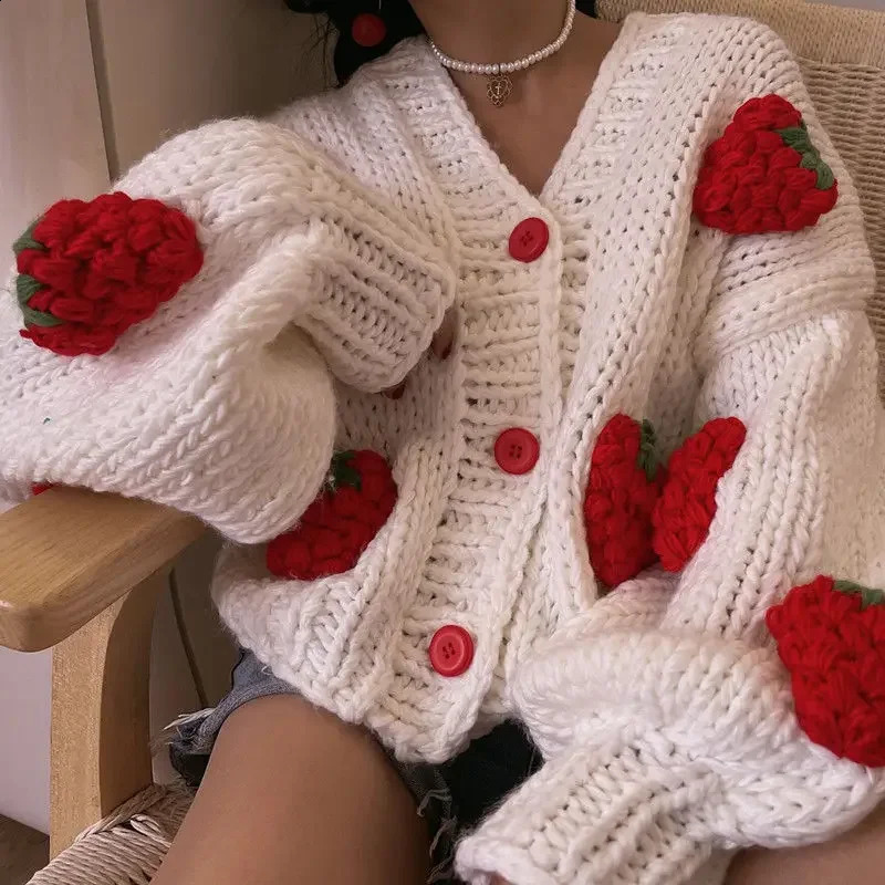 Large Size Women Sweater Spring Autumn Puff Sleeve Strawberry Sweet Full Cardigans Loose Girls Sweater Euro-America Style 240812