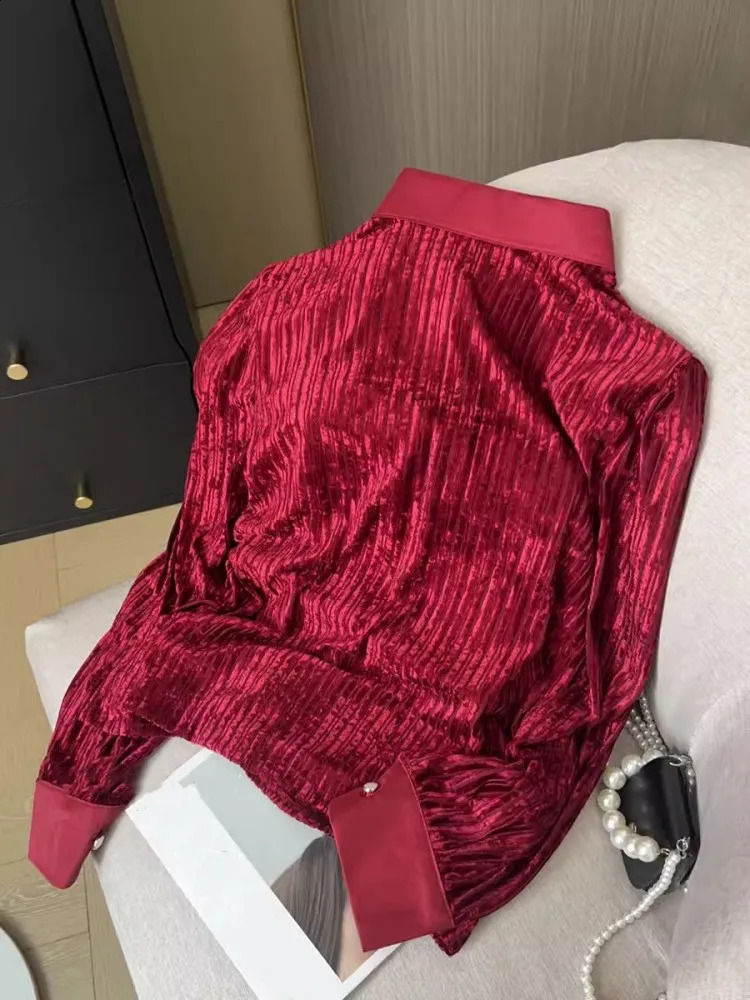 Spring Office Womens Velvet Shirt Single Chest Fashion Diamond Long Sleeve Collar Casual 240814