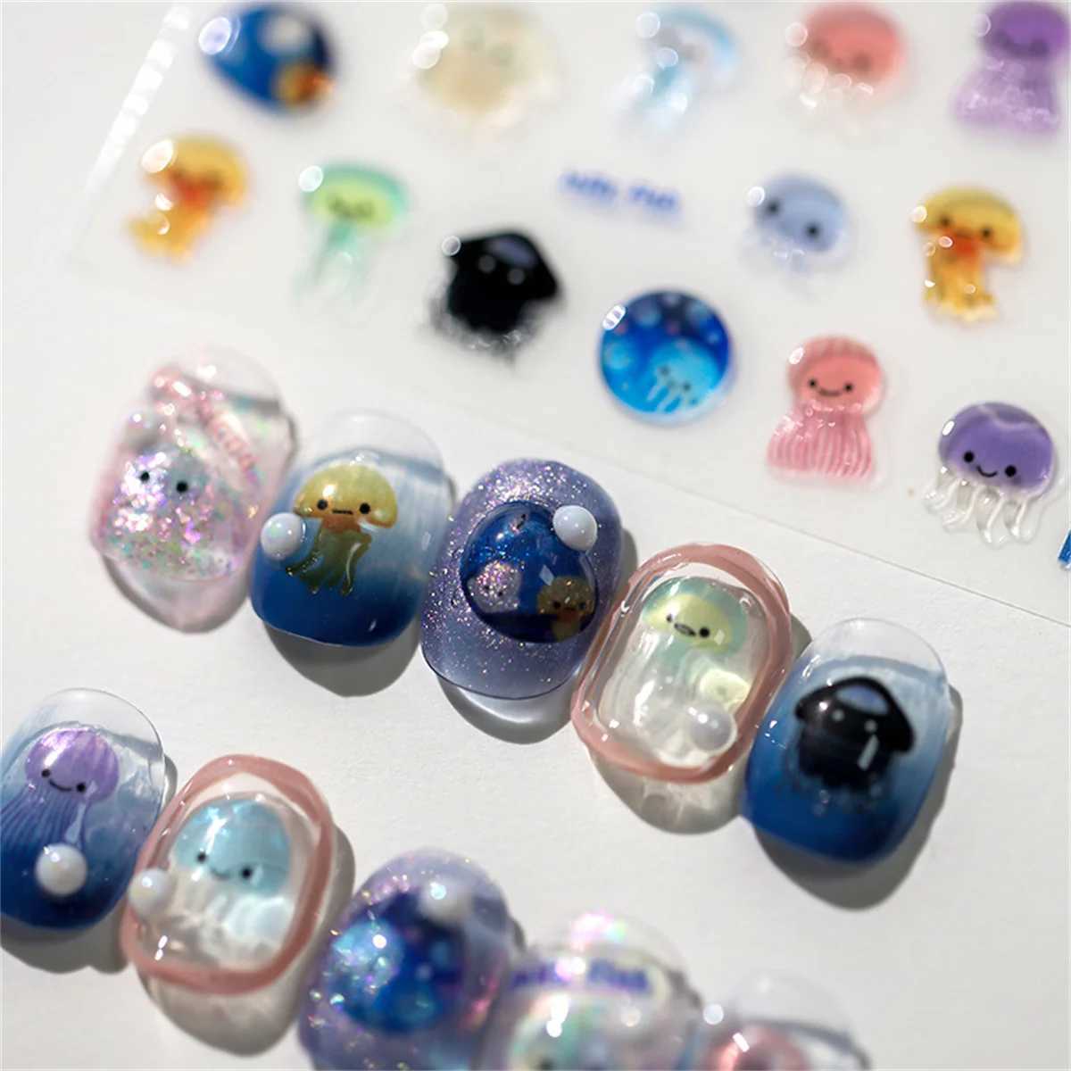 1pcs 5D Kawaii Jelly Series Nail Art Stickers Blue Jellyfish Adhesive Nail Art Decorations Stickers Hot Stamping Manicure DecalsXJ240814