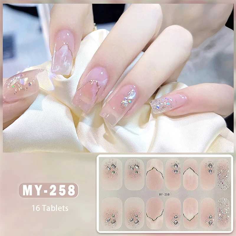 16Tips Baking-free Nail Stickers Long-Lasting Glittering Flowers In Summer Nail Strips Patch Slider Full Cover DecalXJ240814