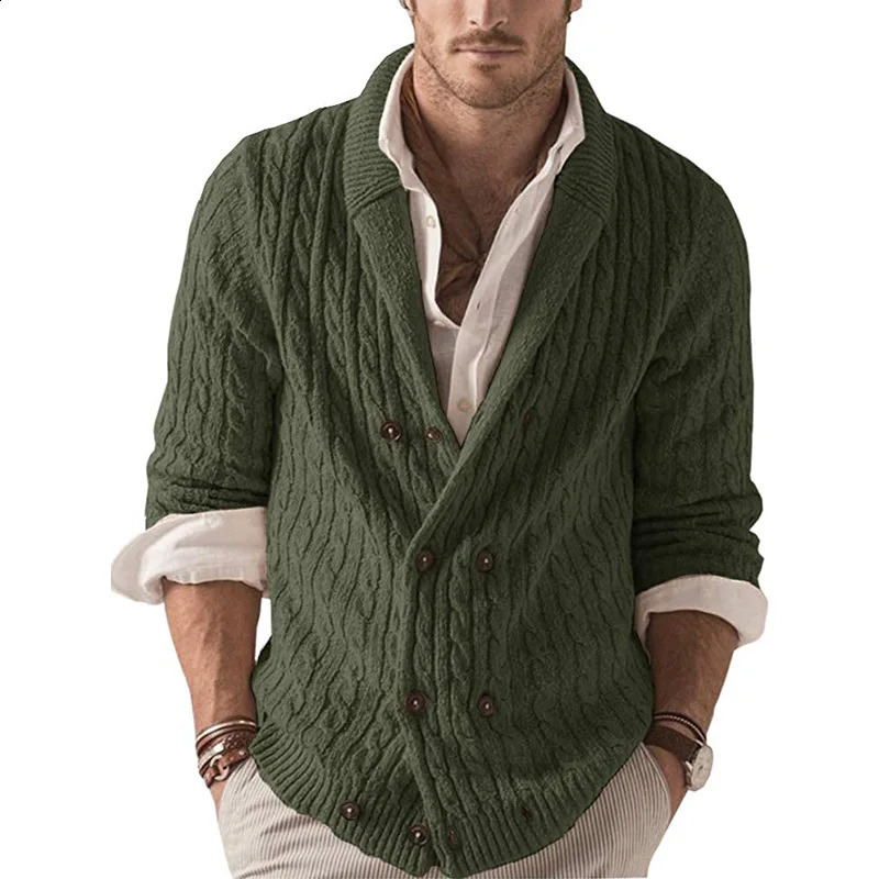 Mens Clothes Autumn Cardigan Double Breasted Lapel Long Sleeve Warm Stretchy Casual Simple Fashion Knitting Male Sweater 240814
