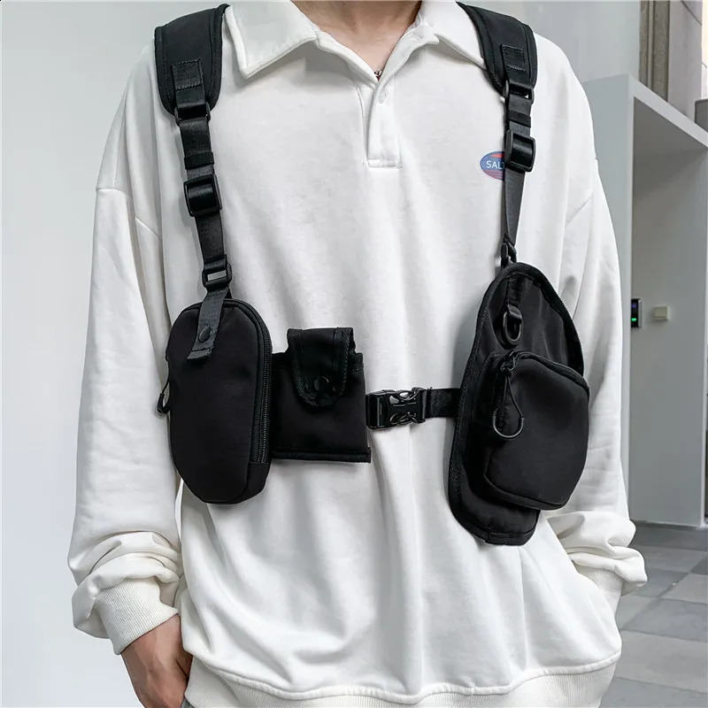 Black Chest Rig Hip-Hop Men Bag Casual Function Outdoor Style Chest Bag Multi Pouch Tactical Vest Bags Streetwear Male Waist Bag 240815
