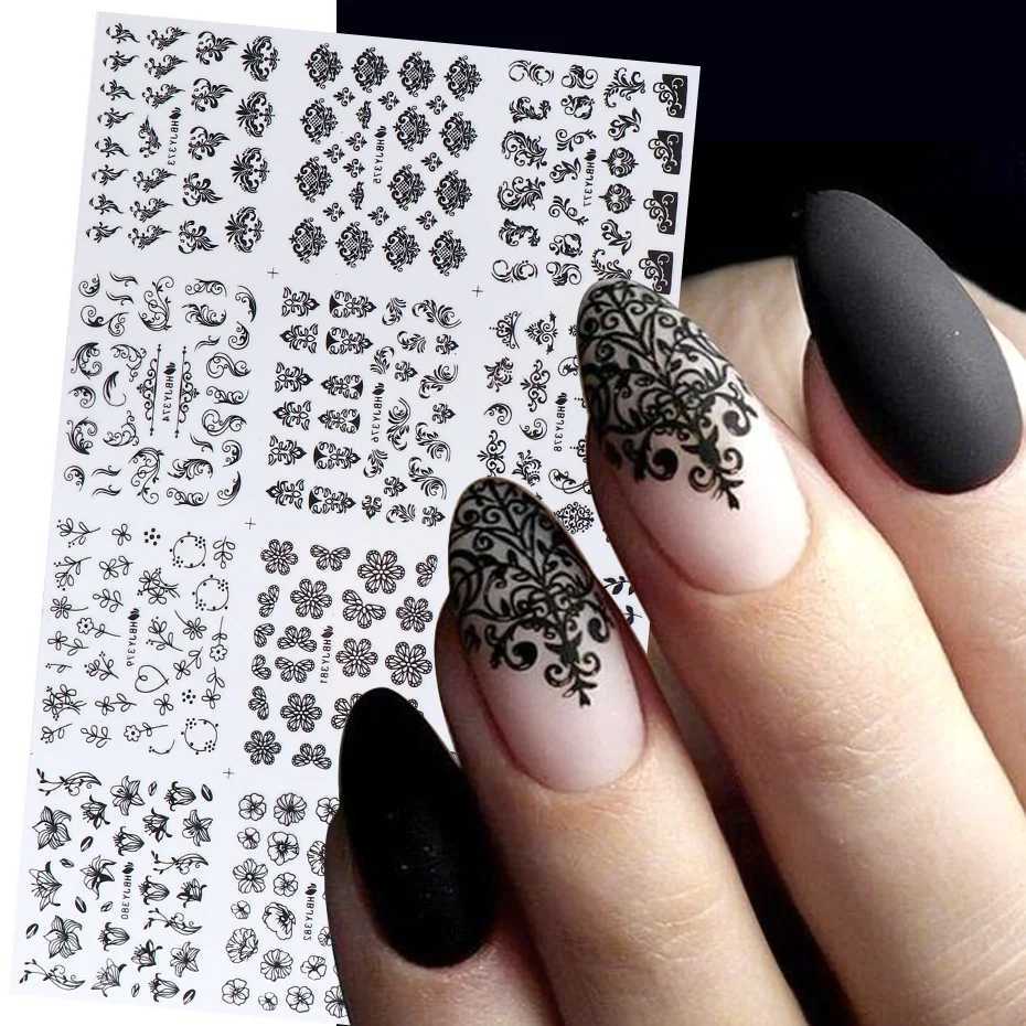 12PCS / Set Black Nail Stickers Flower Leaf Necklace 3D Sliders Decal Gel Polish Sticker DIY Design Manicure TipsXJ240814