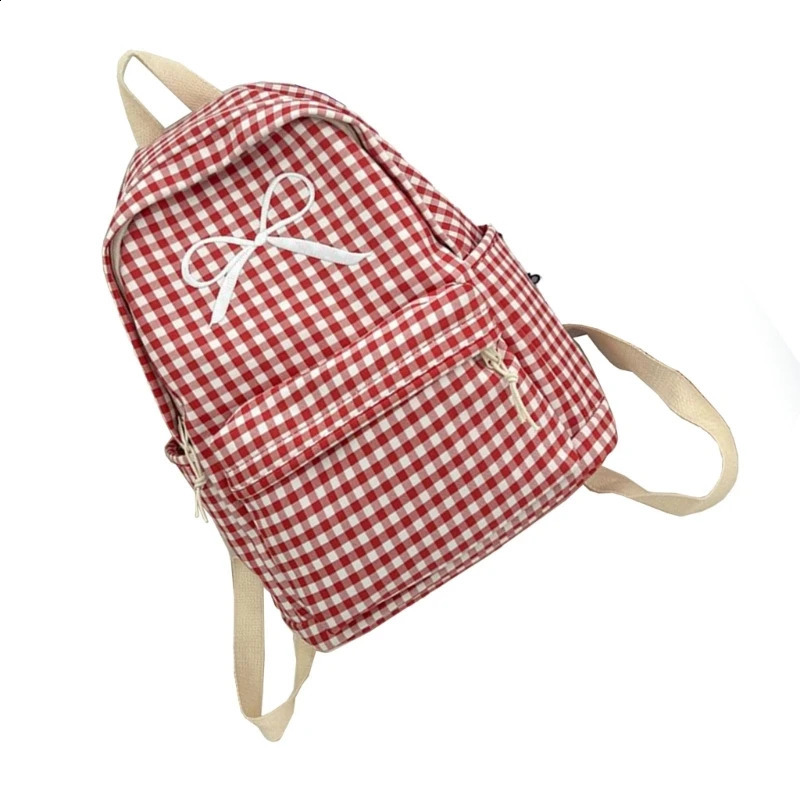 E74B Japanese Style Women Checkered Pattern Backpack Large Capacity Cute Bowknot School Bag Book Bag for Everyday Use 240813