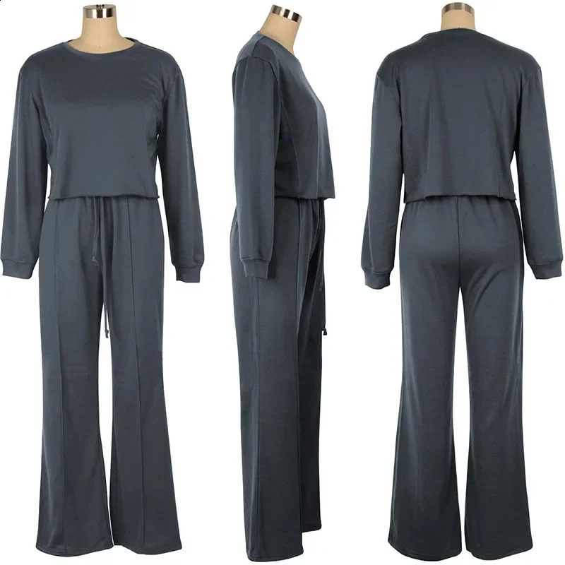Solid Sport Fitness casual track and field clothing womens twopiece set long sleeved top drawstring sweatpants matching jogging 240809