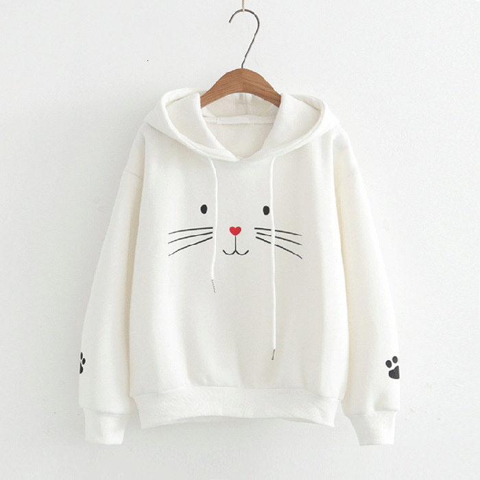 Embroidered face hooded sweatshirt women's autumn and winter student Korean version artistic cat long sleeved plush cute jacket 49463 12858