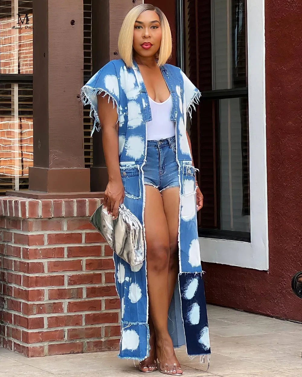 Streetwear Women Long Jacket Sleeveless Chain Patchwork Slit Y2K Clothes Fashion Cotton Washed Denim Coats 240814