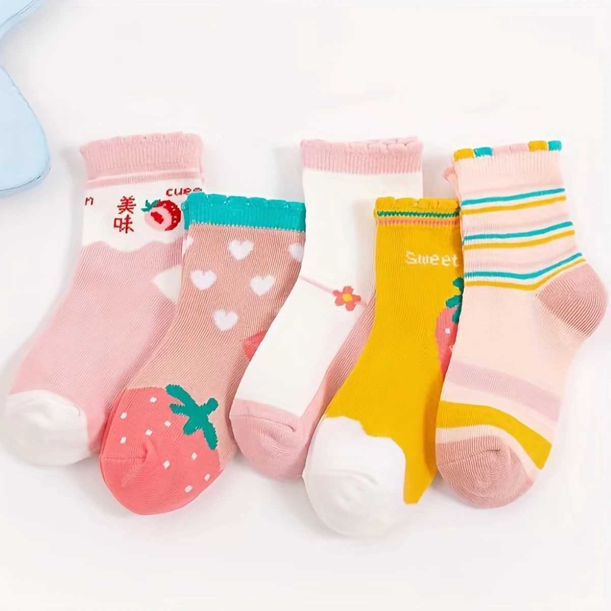 5 pairs of autumn and winter new childrens cotton socks girls mid tube lace striped sports socks W240814