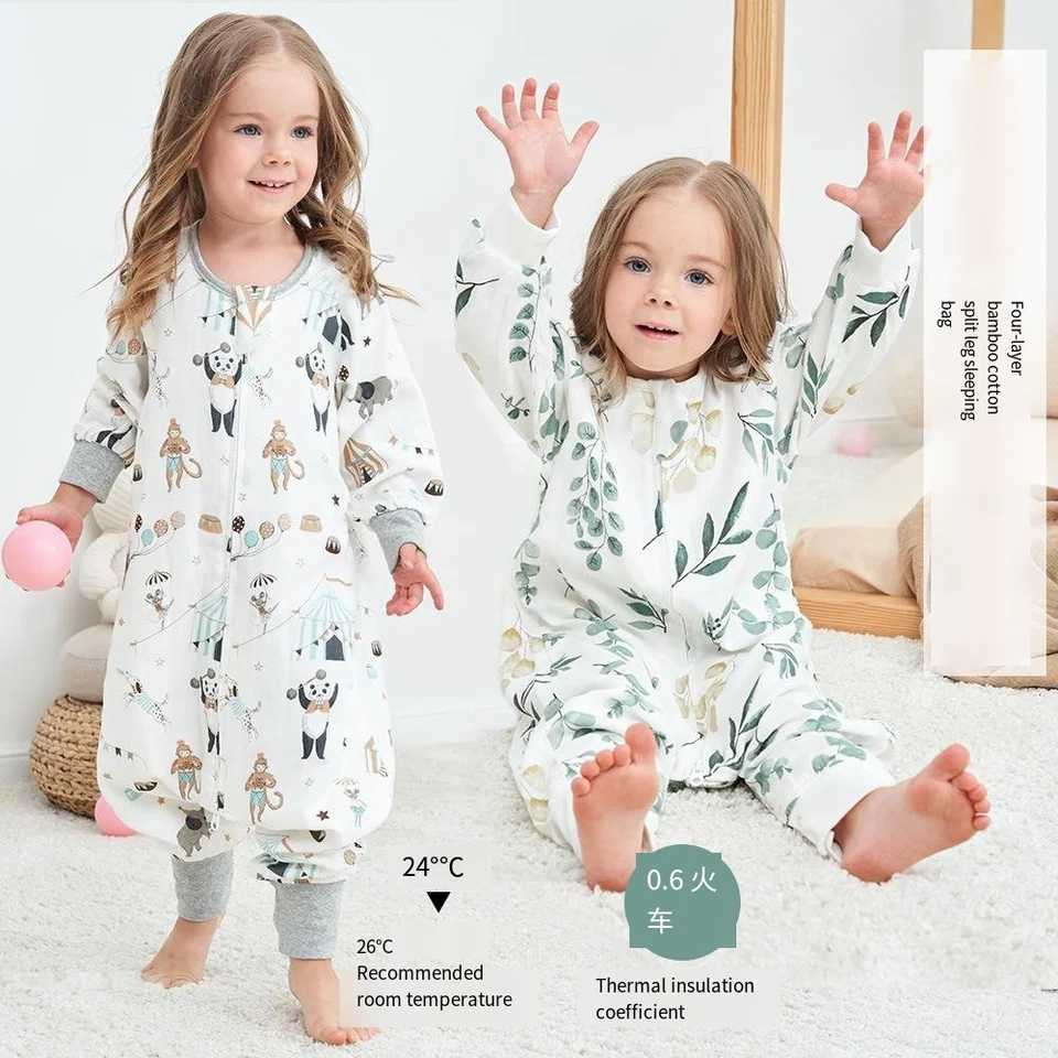 Spring and Autumn Seasons Four layer Bamboo Cotton Gauze Split Leg Childrens Sleeping Bag Infant Kick proof Quilt Long sleeved Y240814