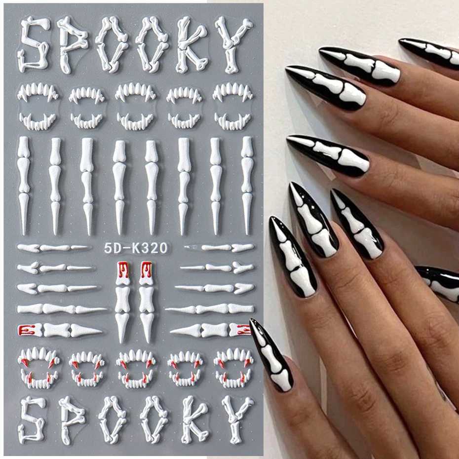 5D Halloween Nail Stickers White Bones Design Spooky Ghost Pumpkin Sliders for Nails Glitter Heart Spider Web Manicure DecalsXJ240814