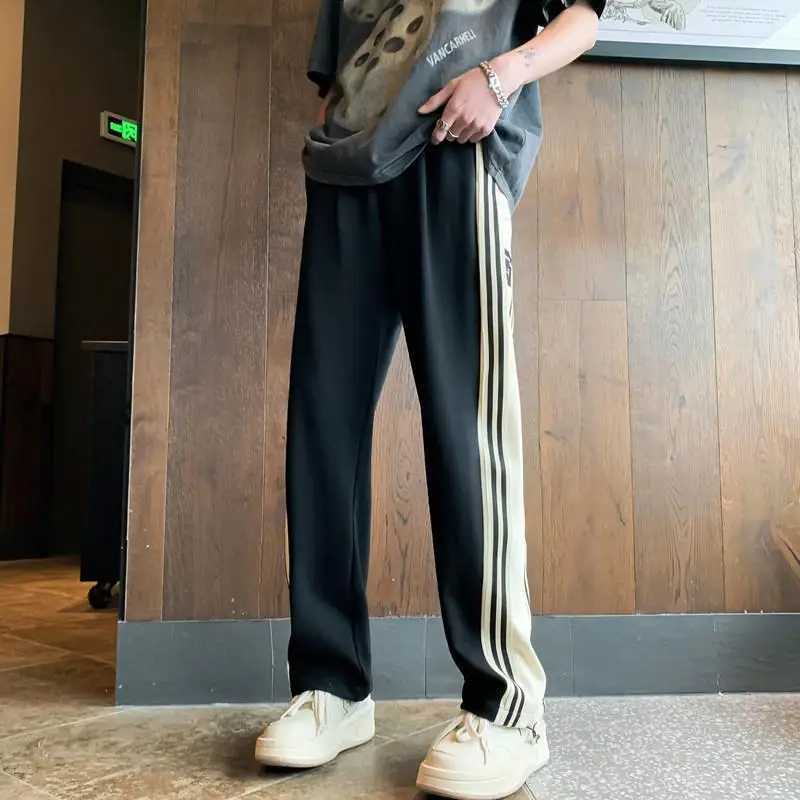 style contraSting color casual summer thin mens high straight cylindrical stripe splicing loose TrouserW240725