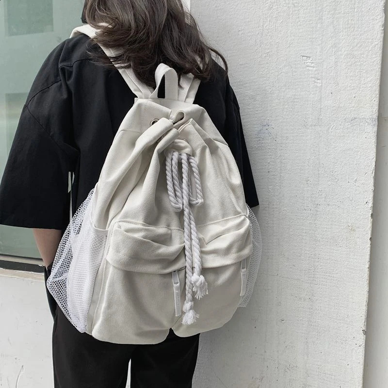 Drawsting Backpacks For Women Casual Canvas Lady Light Weight Students Shoulder Bag Large Capacity Travel Rucksack 240814