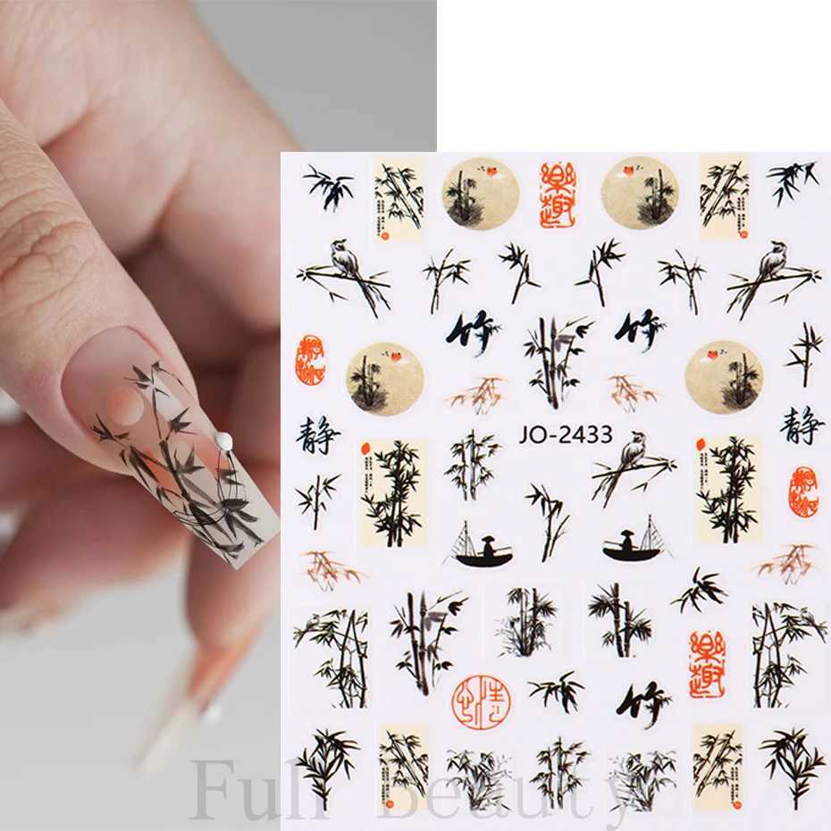 Chinese Character Nail Sticker Abstract Art Words 3D Design Sliders Painting Ink Flowers Bamboo Decals Foil Manicure AccessoriesXJ240814