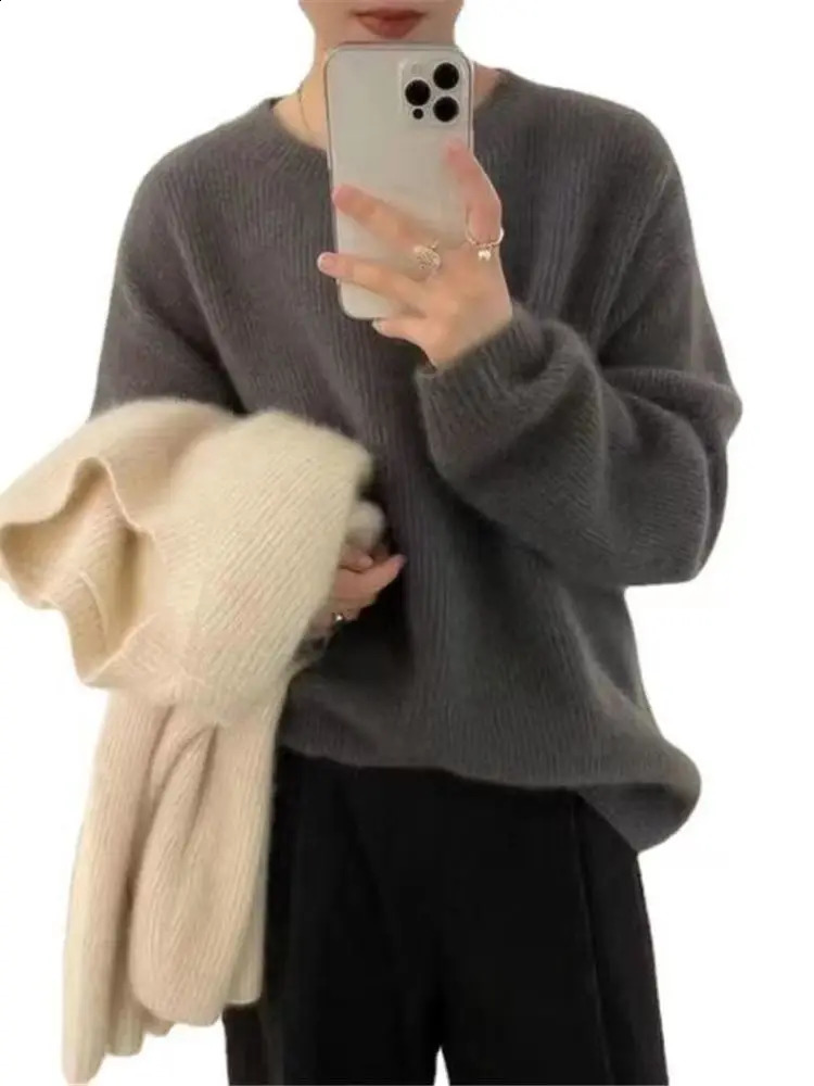 AutumnWinter Round Neck Cashmere Sweater Womens Thick Grey Wool Moher Soft Knitted Long Sleeve Floral Basic Top 240814