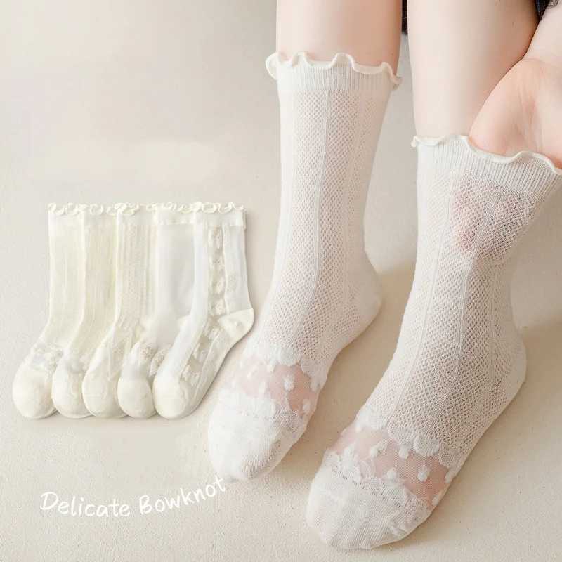 5 pairs of girls thin white stockings summer childrens executives fungus lace princess calf girl mesh breathable W240814