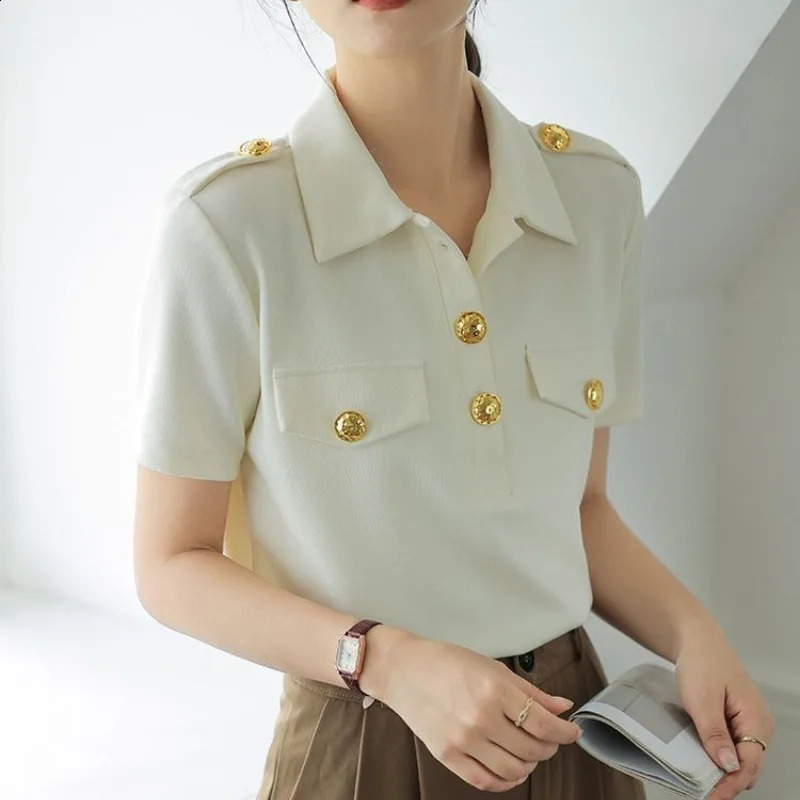 Summer Polo Neck Short Sleeve Unique Splicing Button Thin Solid Color Ultra Casual Womens Tshirt Top 240814