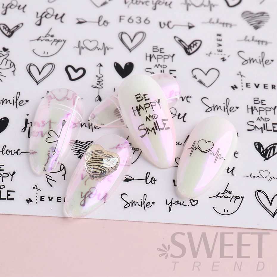 3D Love Heart Nail Sticker Valentines Day Nail Art Decoration English Letter Sliders Geometric Decal DIY Manicure Design TipsXJ240814