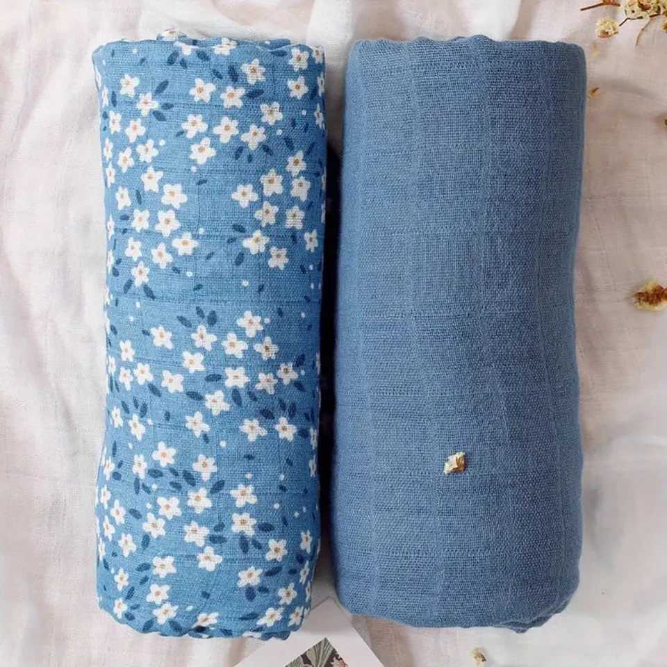 Elinfant 2PCS Popular Print With Solid Color Muslin Swaddle BlanketsNewborn Swaddle Wrap100% Cotton Baby Bath Towel Y240815