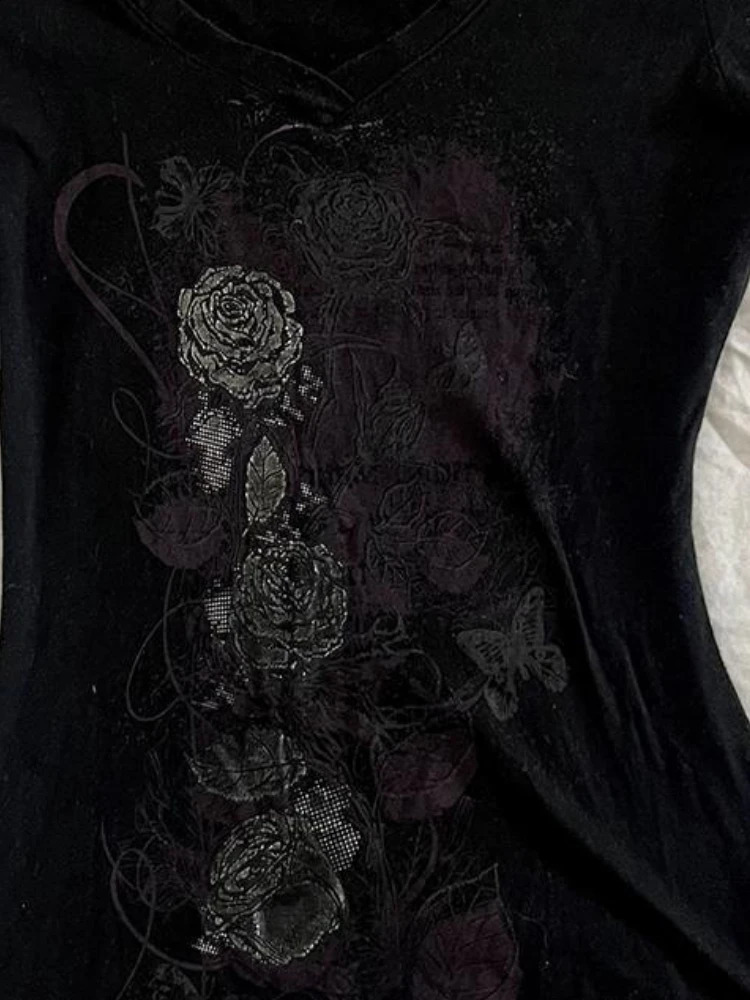 Y2k Aesthetic Flower Printing Women Grunge Tshirts Retro Ultra Thin Harajuku Waist Black Tshirt Summer Bottom Crop Top 240814