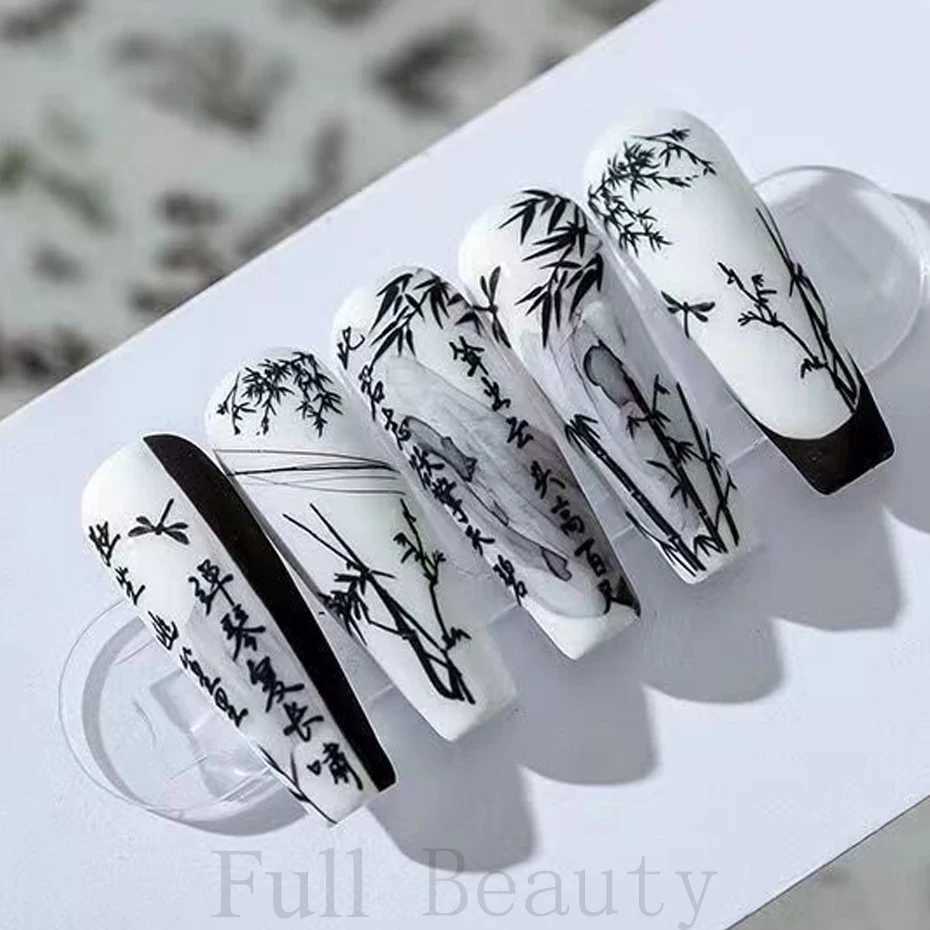 Chinese Character Nail Sticker Abstract Art Words 3D Design Sliders Painting Ink Flowers Bamboo Decals Foil Manicure AccessoriesXJ240814