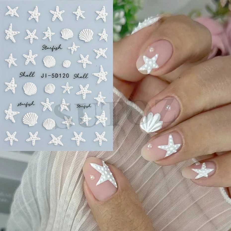 Summer Starfish 5D Embossed Nails Stickers Ocean Sea Shells Blue White Relief Marine Sea Stars Design Manicure Ornaments #JI-5DXJ240814